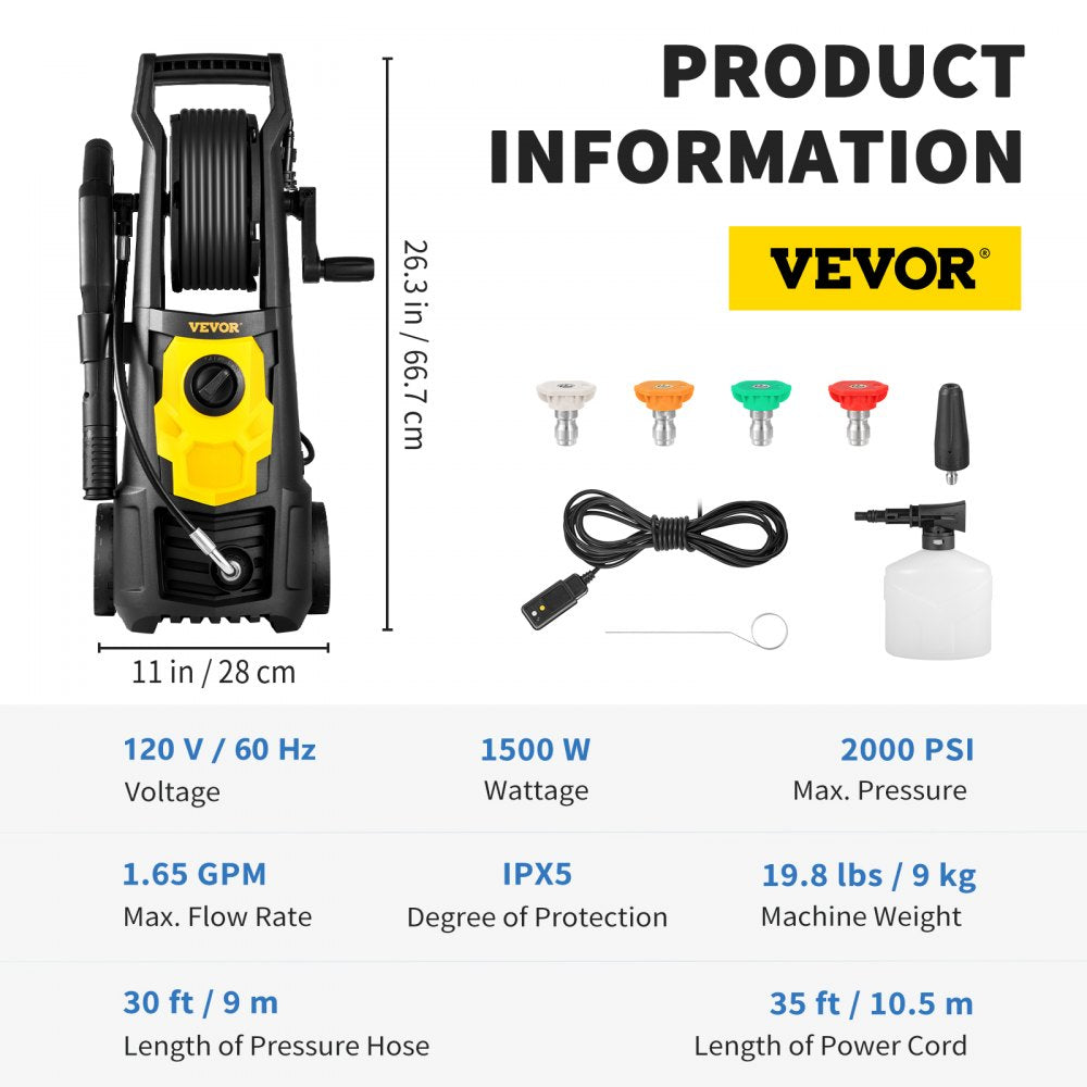 VEVOR Electric Pressure Washer, 2000 PSI, Max 1.65 GPM Power Washer w/ 30 ft Hose & Reel, 5 Quick Connect Nozzles, Foam Cannon, Portable to Clean Patios, Cars, Fences, Driveways, ETL Listed 