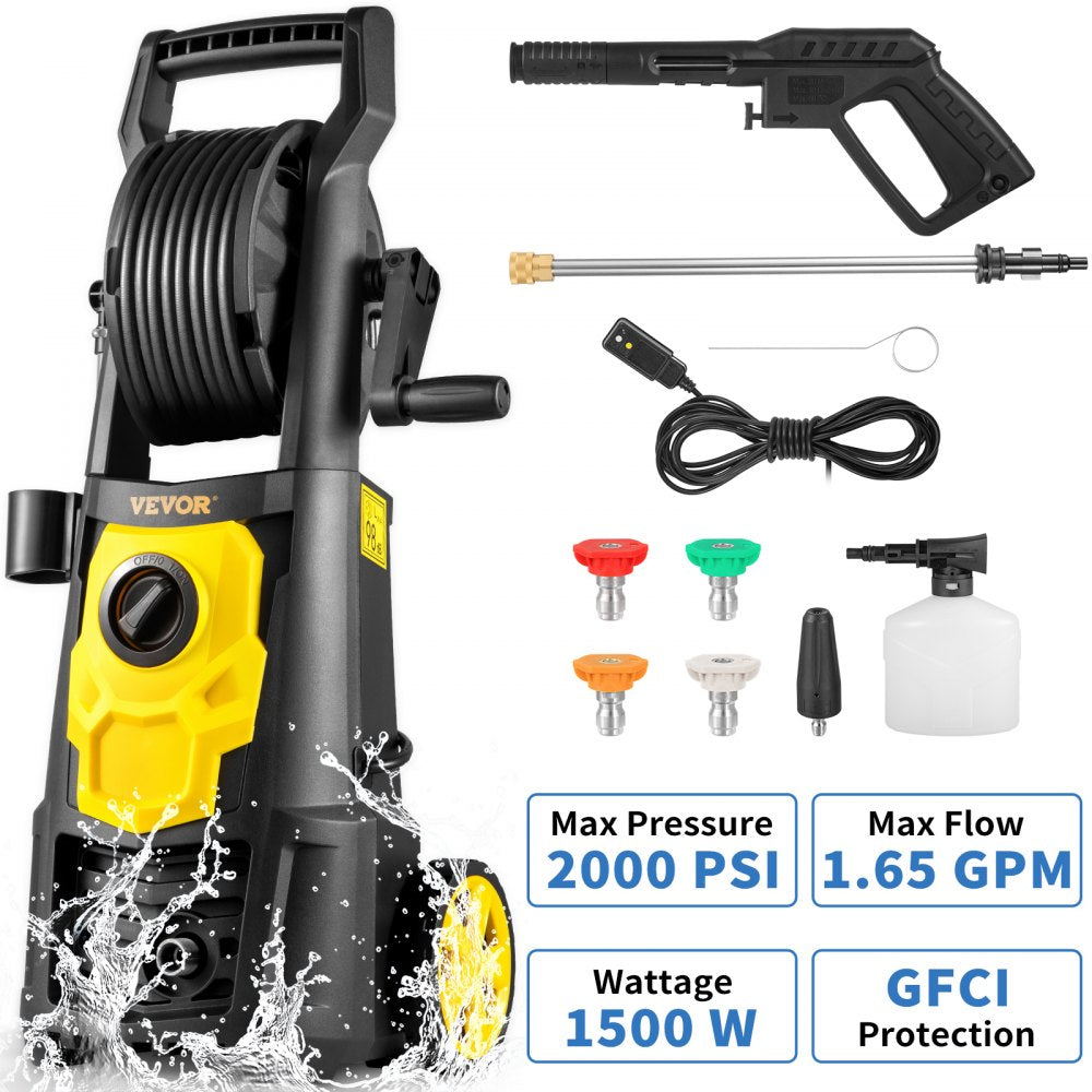 VEVOR Electric Pressure Washer, 2000 PSI, Max 1.65 GPM Power Washer w/ 30 ft Hose & Reel, 5 Quick Connect Nozzles, Foam Cannon, Portable to Clean Patios, Cars, Fences, Driveways, ETL Listed 