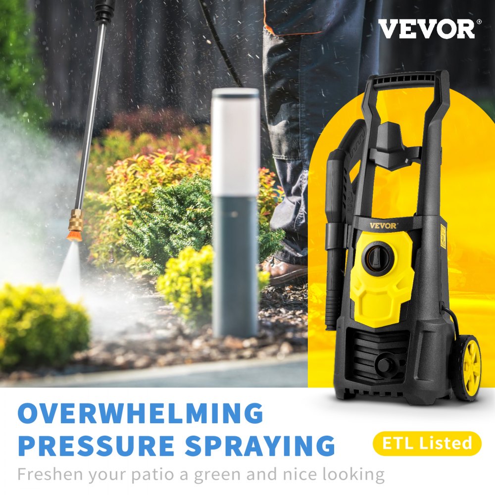 VEVOR Electric Power Washer, 2000 PSI, Max 1.65 GPM Pressure Washer w/ 30 ft Hose & Reel, 5 Quick Connect Nozzles, Foam Cannon, Portable to Clean Patios, Cars, Fences, Driveways, ETL Listed 