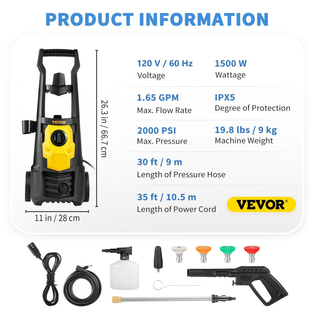 VEVOR Electric Power Washer, 2000 PSI, Max 1.65 GPM Pressure Washer w/ 30 ft Hose & Reel, 5 Quick Connect Nozzles, Foam Cannon, Portable to Clean Patios, Cars, Fences, Driveways, ETL Listed 