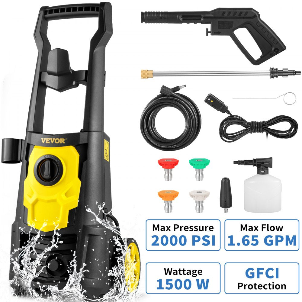 VEVOR Electric Power Washer, 2000 PSI, Max 1.65 GPM Pressure Washer w/ 30 ft Hose & Reel, 5 Quick Connect Nozzles, Foam Cannon, Portable to Clean Patios, Cars, Fences, Driveways, ETL Listed 