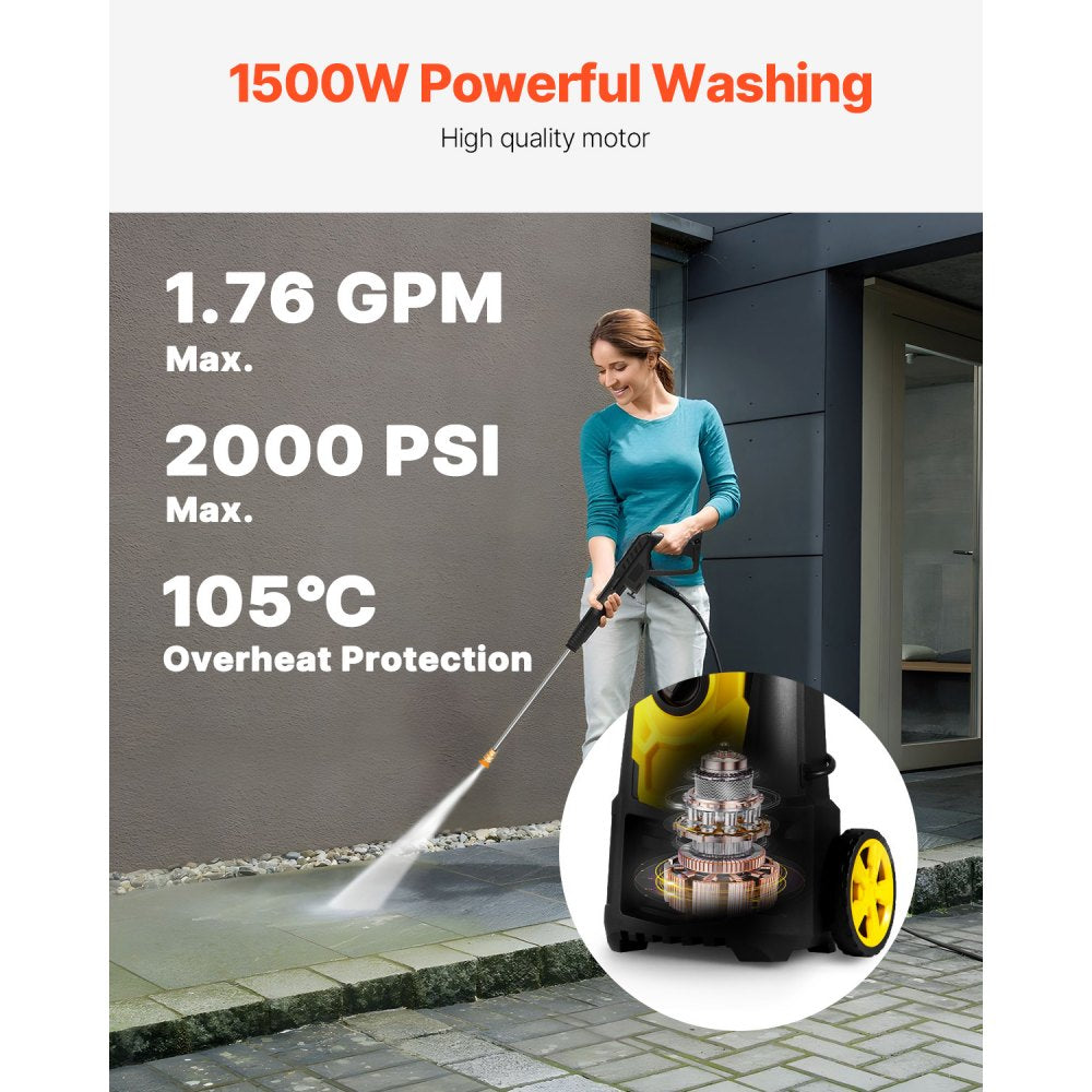 Electric Pressure Washer, 2000 PSI, Max. 1.76 GPM Power Washer w/ 30 ft Hose, 5 Quick Connect Nozzles, Foam Cannon, Portable to Clean Patios, Cars, Fences, Driveways, ETL Listed 
