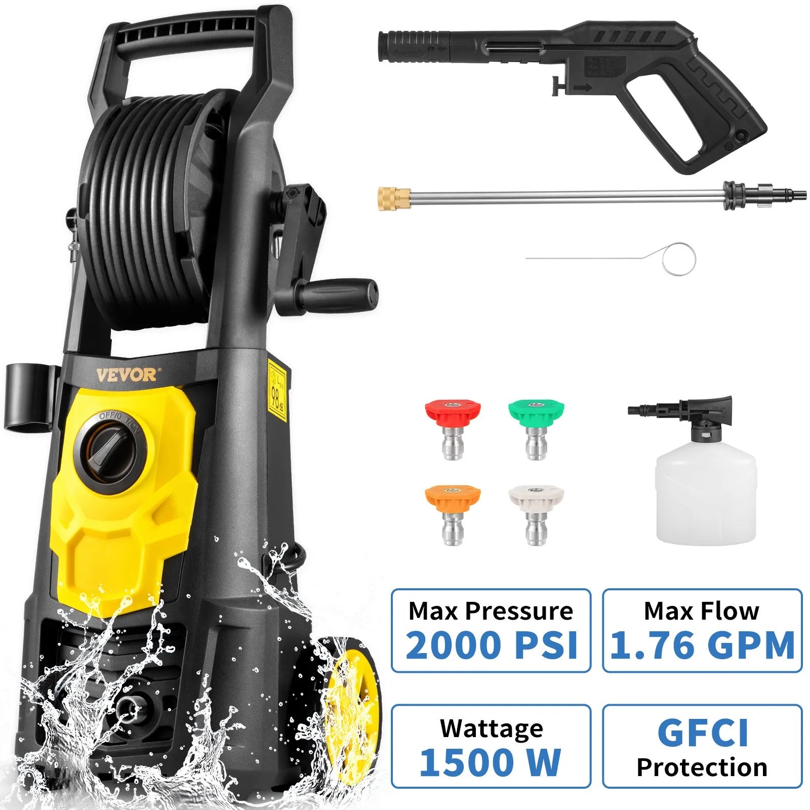 VEVOR Electric Pressure Washer, 2000 PSI, Max. 1.76 GPM Power Washer w/ 30 ft Hose, 5 Quick Connect Nozzles, Foam Cannon, Portable to Clean Patios, Cars, Fences, Driveways, ETL Listed
