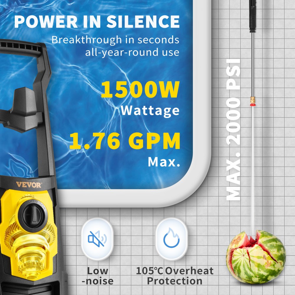 VEVOR Electric Pressure Washer, 2000 PSI, Max. 1.76 GPM Power Washer w/ 30 ft Hose, 5 Quick Connect Nozzles, Foam Cannon, Portable to Clean Patios, Cars, Fences, Driveways, ETL Listed 