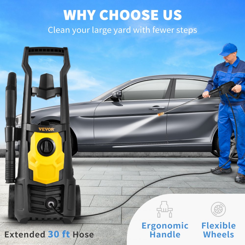 VEVOR Electric Pressure Washer, 2000 PSI, Max. 1.76 GPM Power Washer w/ 30 ft Hose, 5 Quick Connect Nozzles, Foam Cannon, Portable to Clean Patios, Cars, Fences, Driveways, ETL Listed 