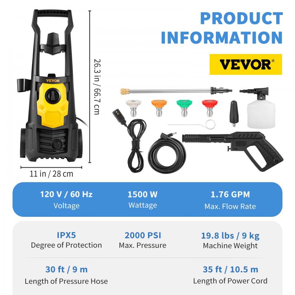 VEVOR Electric Pressure Washer, 2000 PSI, Max. 1.76 GPM Power Washer w/ 30 ft Hose, 5 Quick Connect Nozzles, Foam Cannon, Portable to Clean Patios, Cars, Fences, Driveways, ETL Listed 
