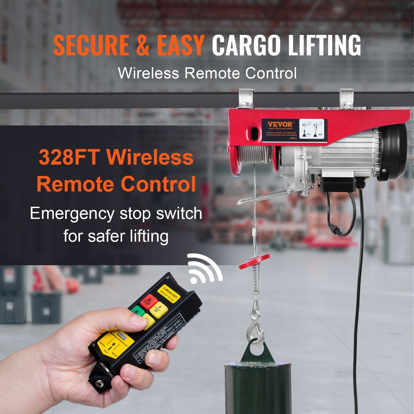 VEVOR Electric Hoist, 880 lbs Lifting Capacity, 850W 110V Electric Steel Wire Winch with Wireless Remote Control, 40ft Single Cable Lifting Height & Pure Copper Motor, for Garage Warehouse Factory 