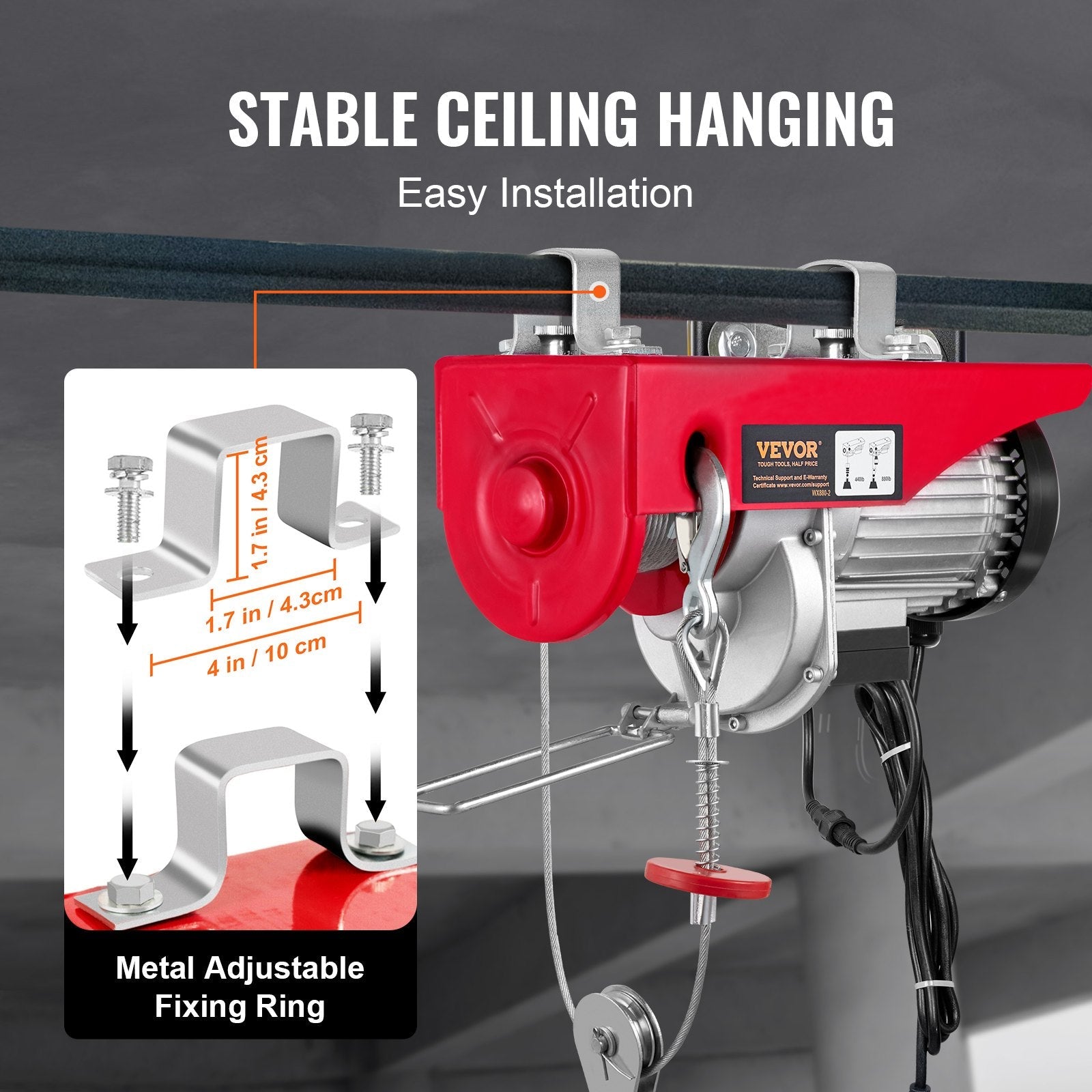 VEVOR Electric Hoist, 880 lbs Lifting Capacity, 850W 110V Electric Steel Wire Winch with Wireless Remote Control, 40ft Single Cable Lifting Height & Pure Copper Motor, for Garage Warehouse Factory 