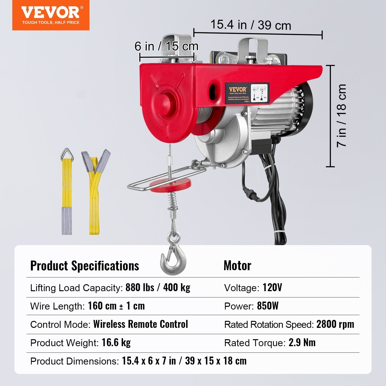 VEVOR Electric Hoist, 880 lbs Lifting Capacity, 850W 110V Electric Steel Wire Winch with Wireless Remote Control, 40ft Single Cable Lifting Height & Pure Copper Motor, for Garage Warehouse Factory 