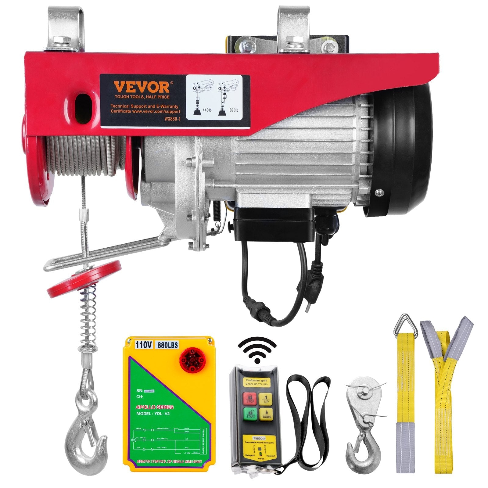 VEVOR Electric Hoist, 880 lbs Lifting Capacity, 850W 110V Electric Steel Wire Winch with Wireless Remote Control, 40ft Single Cable Lifting Height & Pure Copper Motor, for Garage Warehouse Factory 