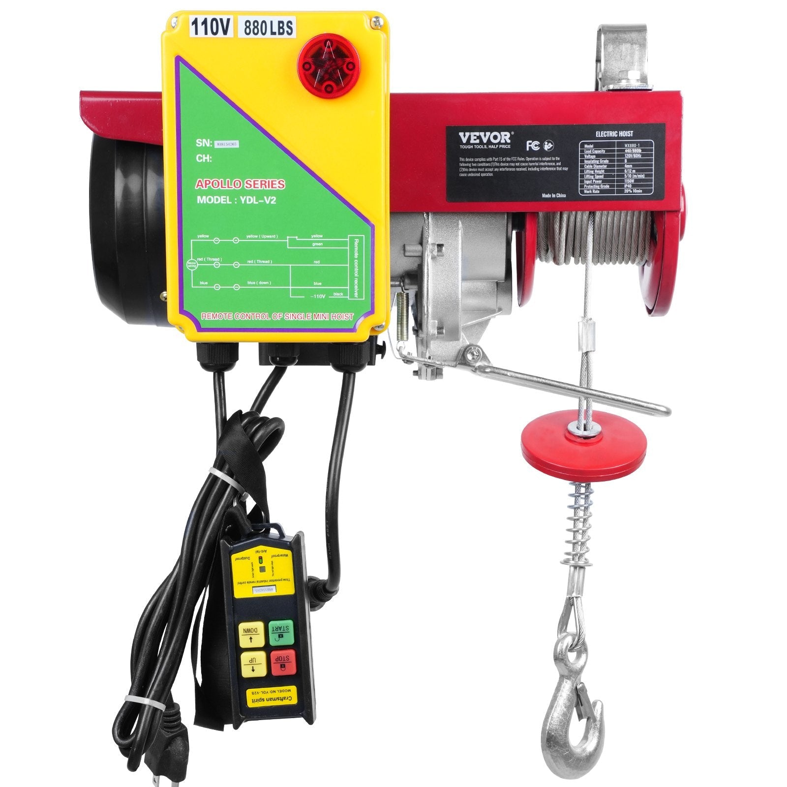 VEVOR Electric Hoist, 880 lbs Lifting Capacity, 850W 110V Electric Steel Wire Winch with Wireless Remote Control, 40ft Single Cable Lifting Height & Pure Copper Motor, for Garage Warehouse Factory 