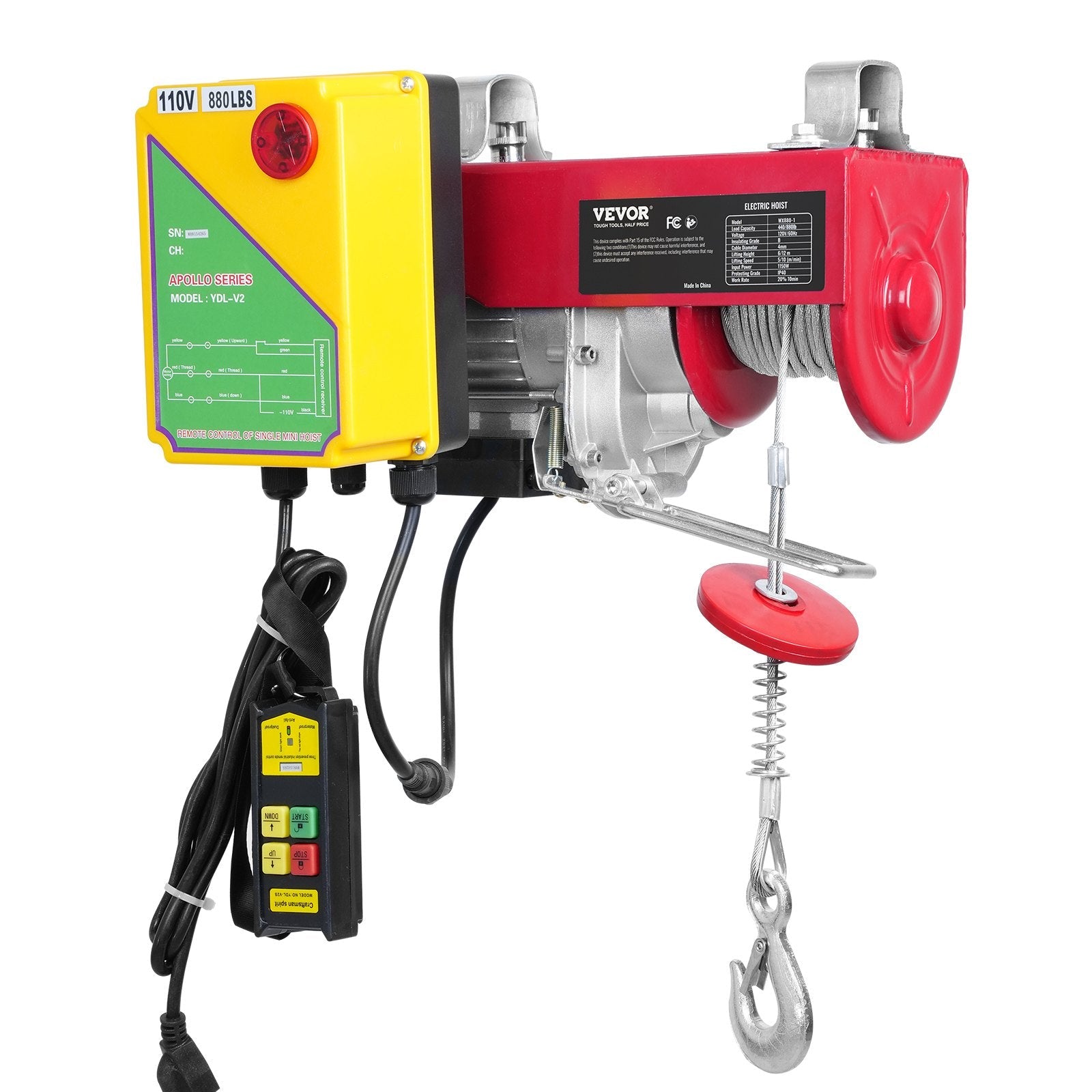 VEVOR Electric Hoist, 880 lbs Lifting Capacity, 850W 110V Electric Steel Wire Winch with Wireless Remote Control, 40ft Single Cable Lifting Height & Pure Copper Motor, for Garage Warehouse Factory 
