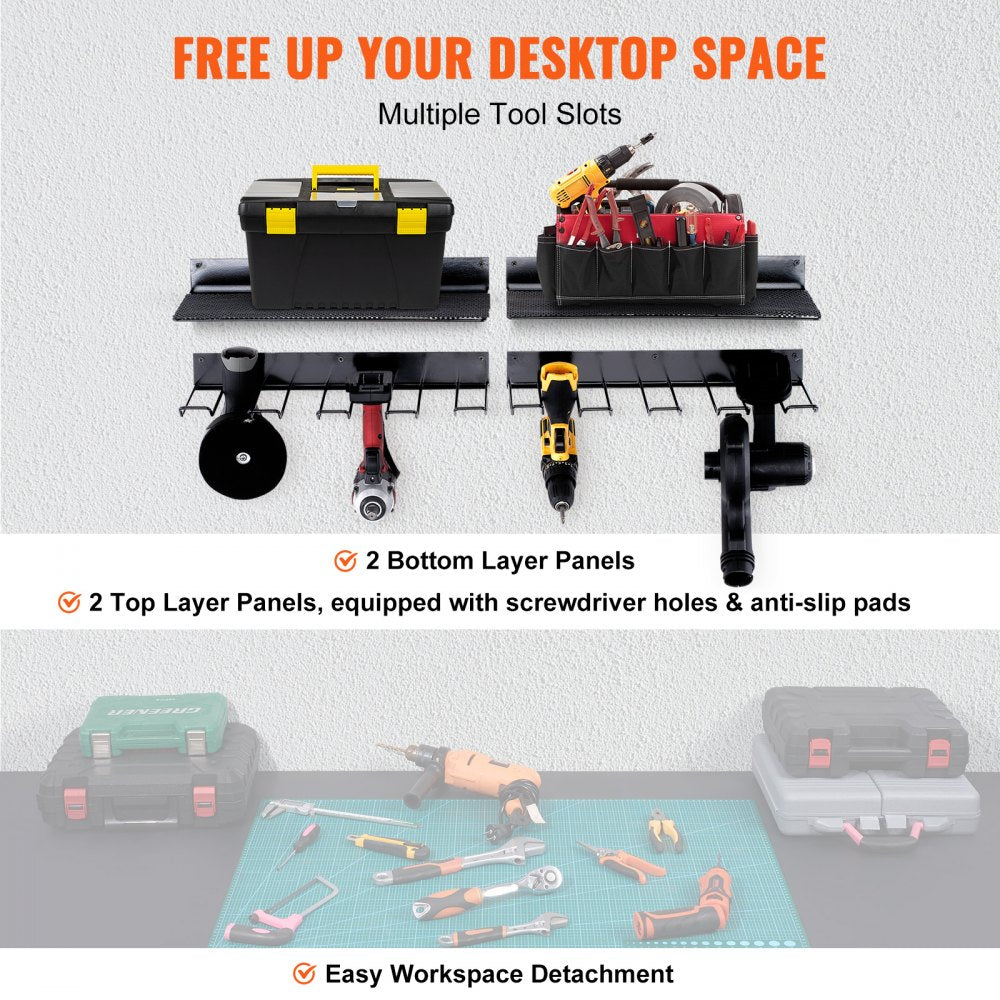 VEVOR Power Tool Organizer, 4 Slot, 2 Layers, 2 Pack Cordless Drill Holder Wall Mount, Battery Charging Station Storage Rack, Multi-Function Garage Organization, Heavy Duty Metal Shelf for Screwdriver 