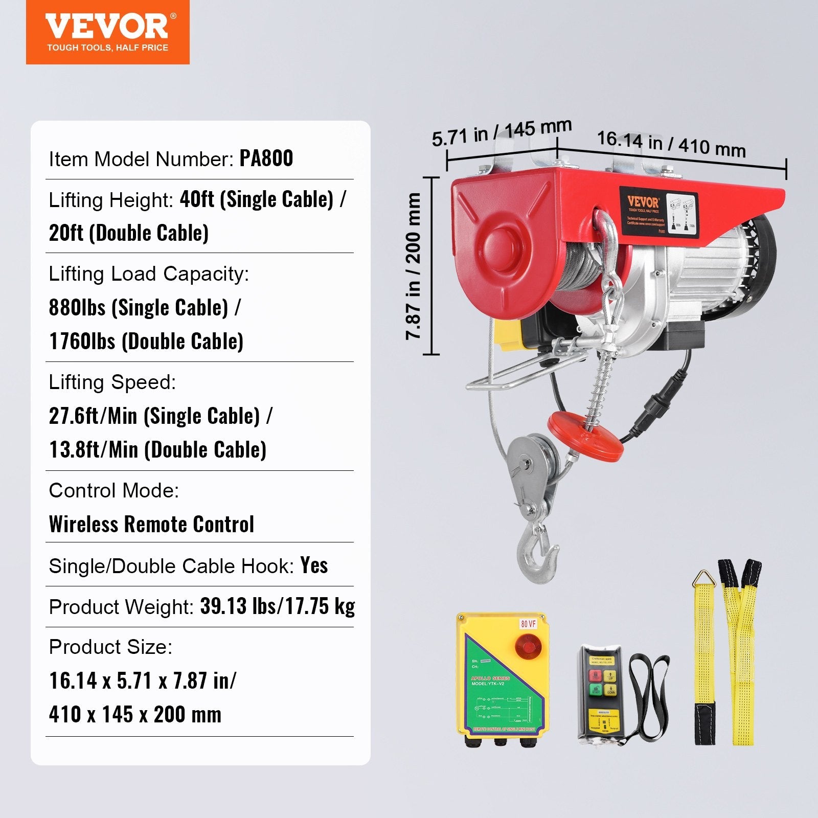 VEVOR Electric Hoist Crane Winch 1760 lbs with 328 ft Wireless Remote Control 