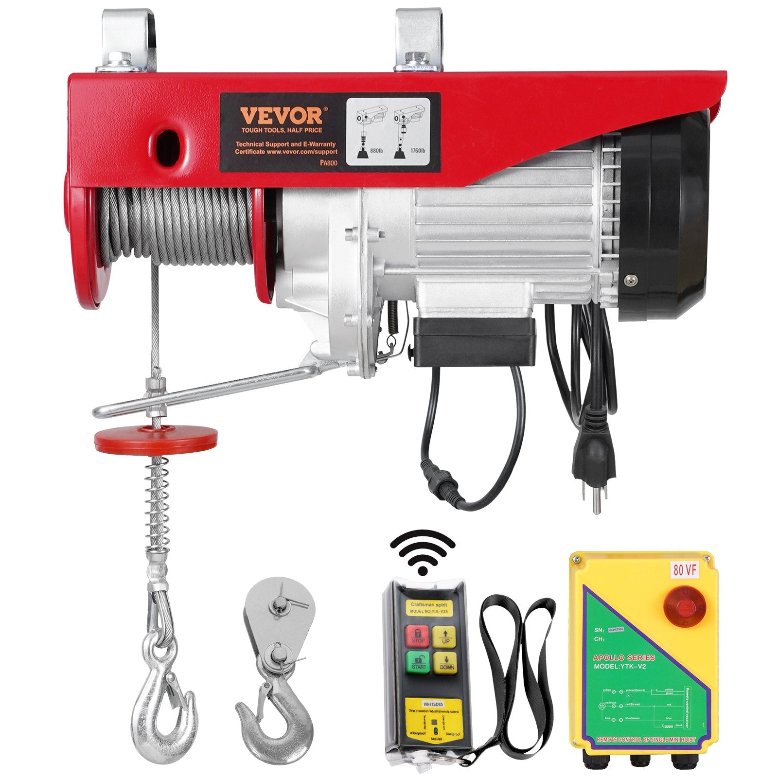 VEVOR Electric Hoist Crane Winch 1760 lbs with 328 ft Wireless Remote Control 