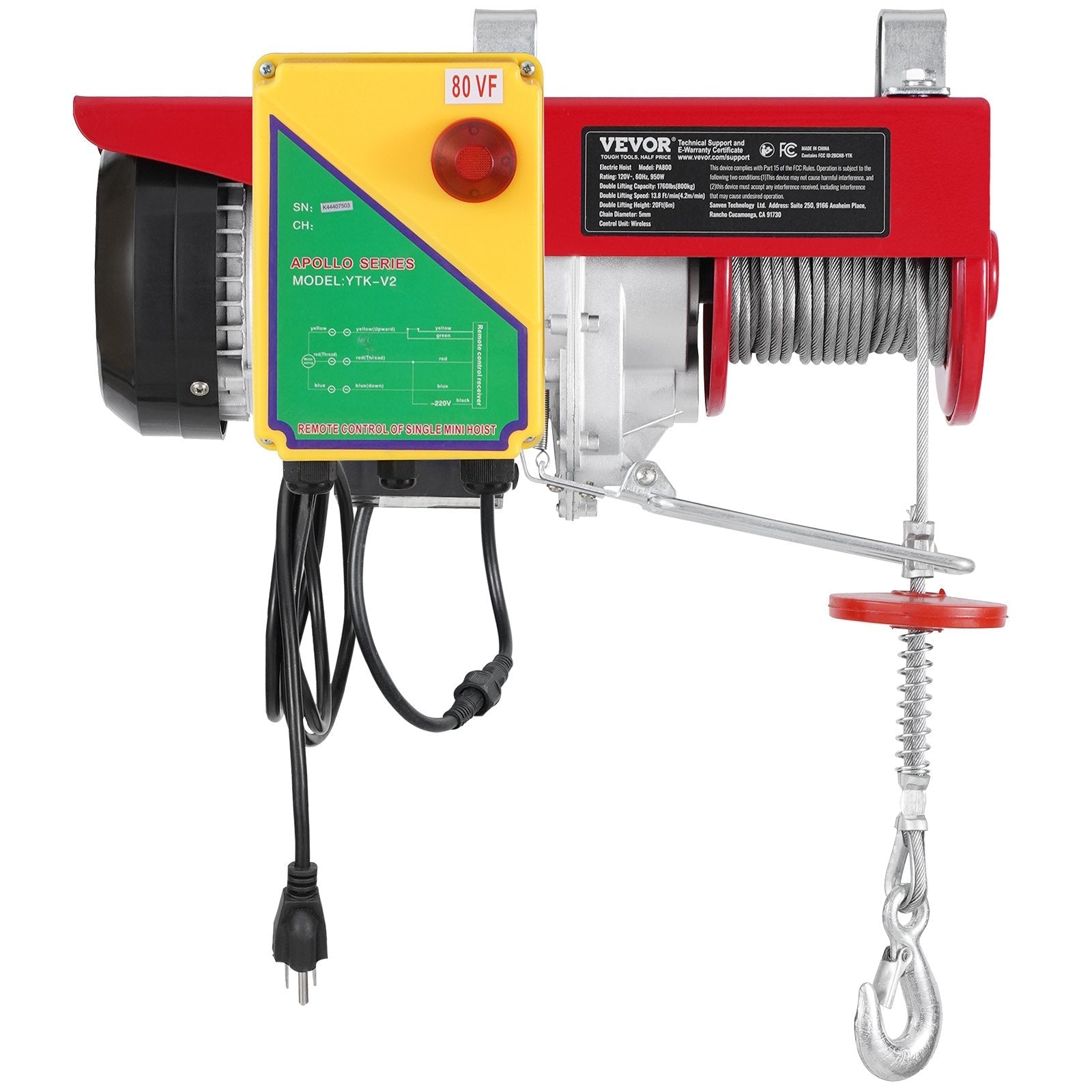 VEVOR Electric Hoist Crane Winch 1760 lbs with 328 ft Wireless Remote Control 