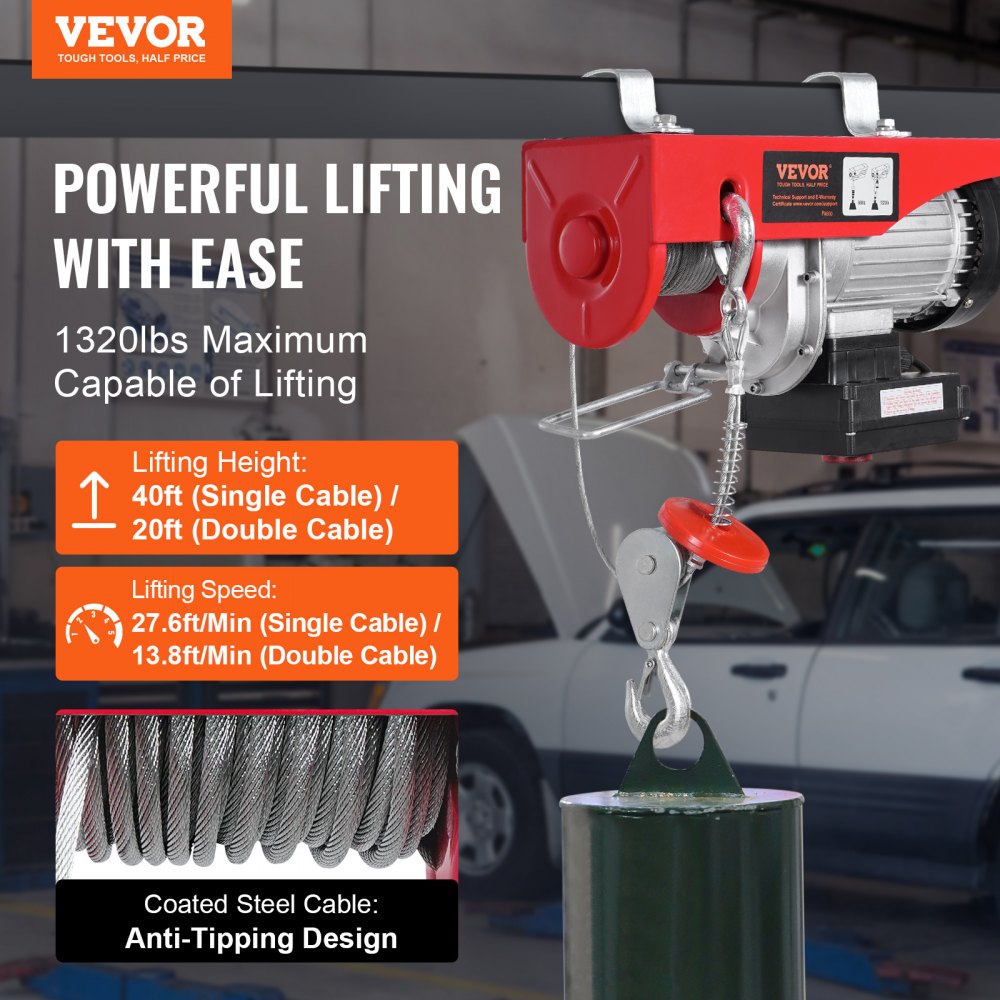 VEVOR Electric Hoist Crane Winch 1320 lbs 328 ft Wireless & 14 ft Wired Remote 