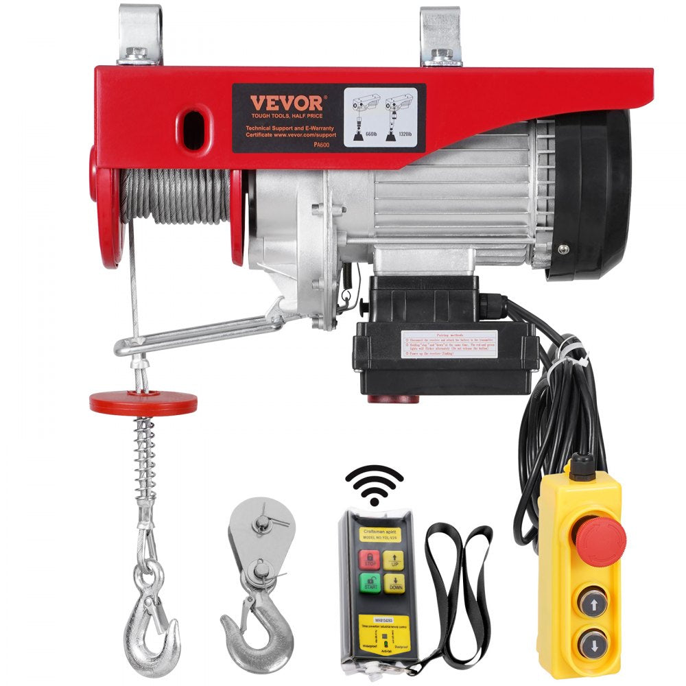 VEVOR Electric Hoist Crane Winch 1320 lbs 328 ft Wireless & 14 ft Wired Remote 