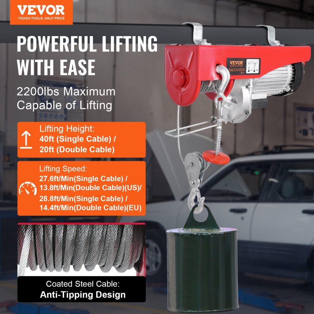 VEVOR Electric Hoist Crane Winch 2200 lbs 328 ft Wireless & 14 ft Wired Remote 