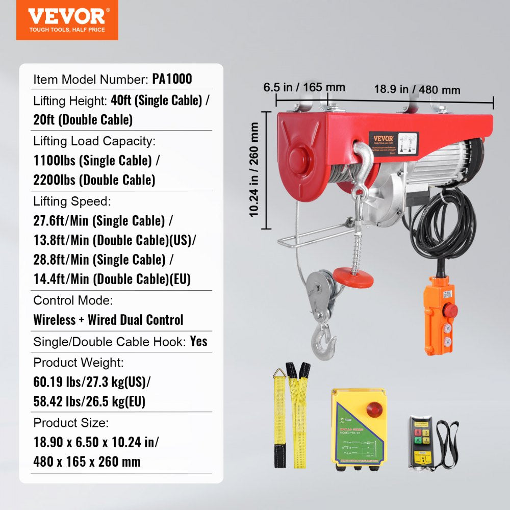 VEVOR Electric Hoist Crane Winch 2200 lbs 328 ft Wireless & 14 ft Wired Remote 