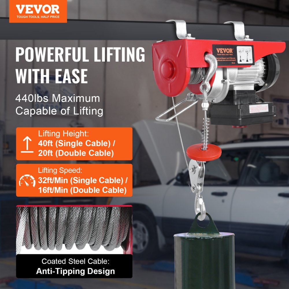VEVOR Electric Hoist Crane Winch 440 lbs 328 ft Wireless & 14 ft Wired Remote 