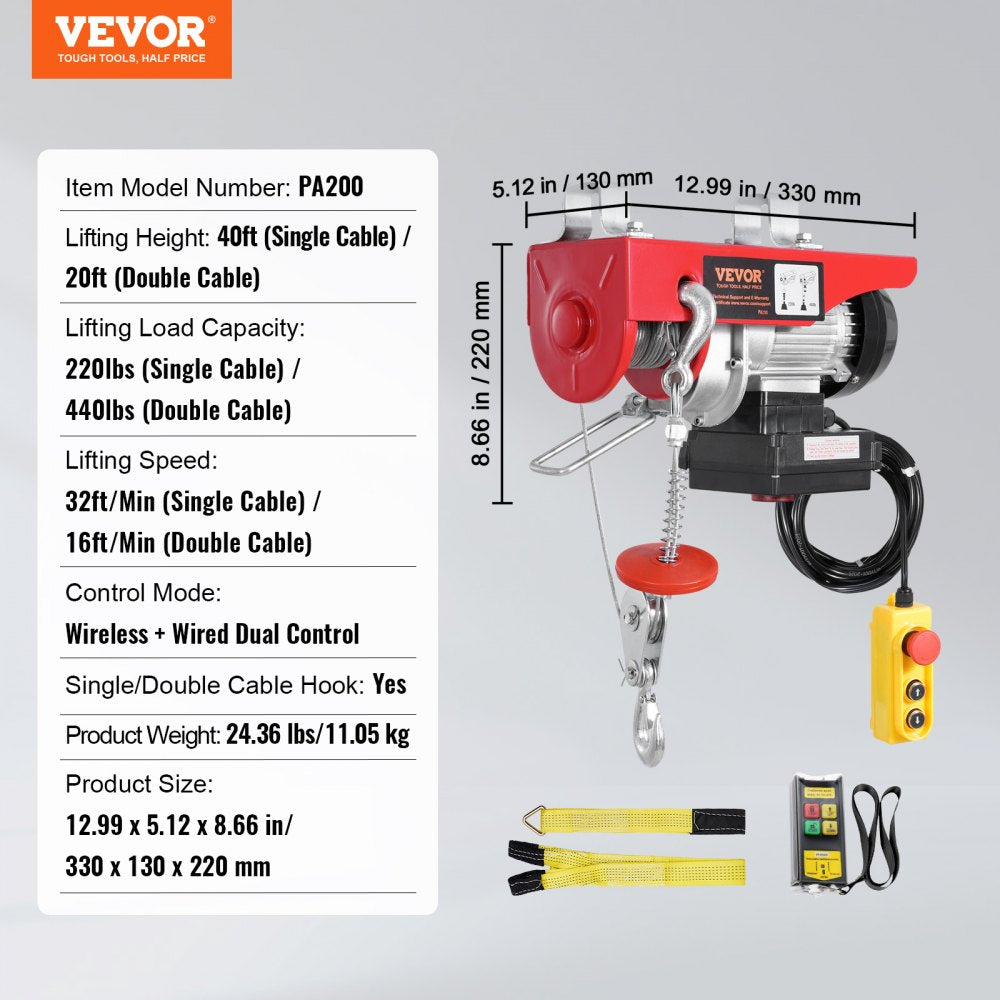 VEVOR Electric Hoist Crane Winch 440 lbs 328 ft Wireless & 14 ft Wired Remote 