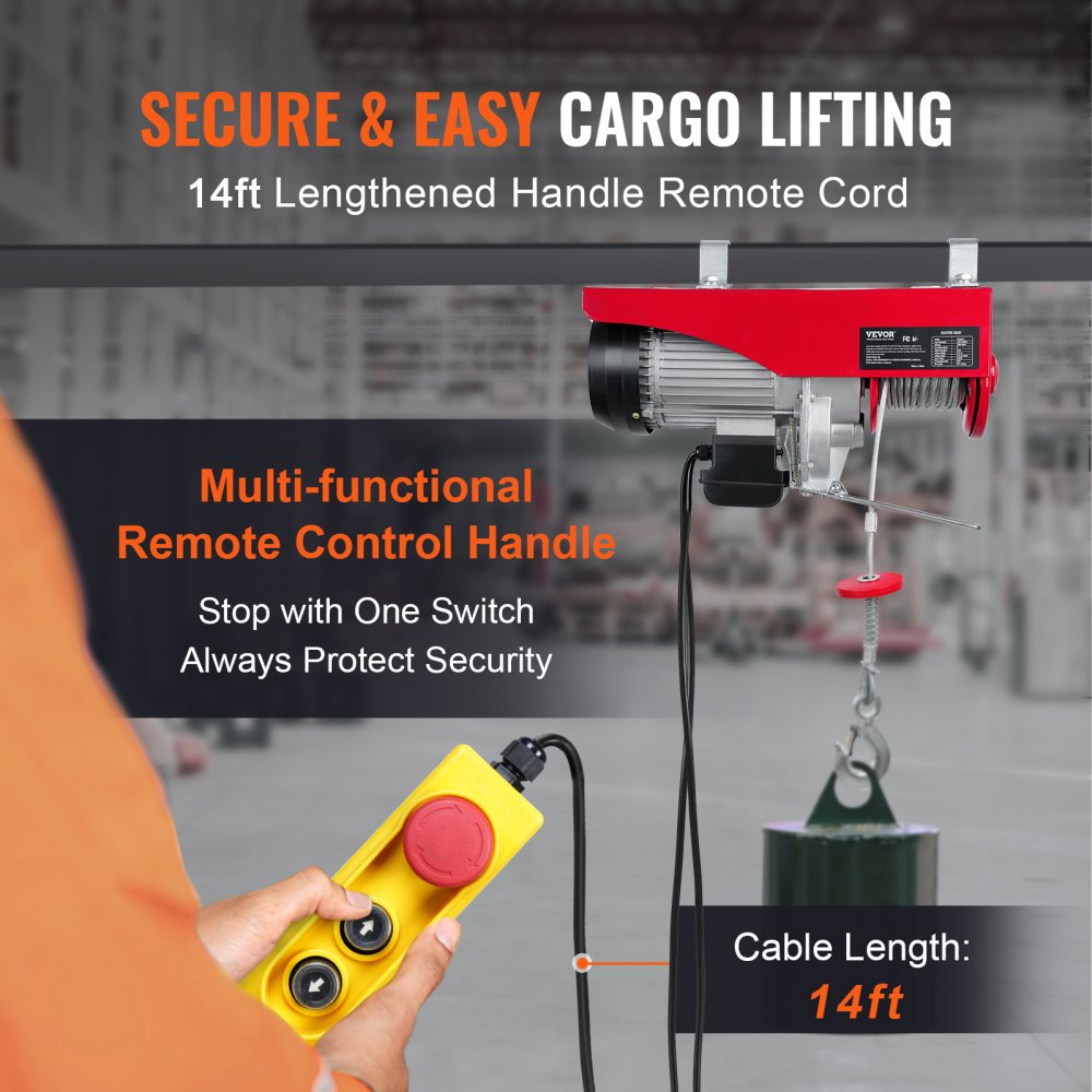VEVOR Electric Hoist, 440 lbs Lifting Capacity, 480W 110V Electric Steel Wire Winch with 14ft Wired Remote Control, 40ft Single Cable Lifting Height & Pure Copper Motor, for Garage Warehouse Factory 