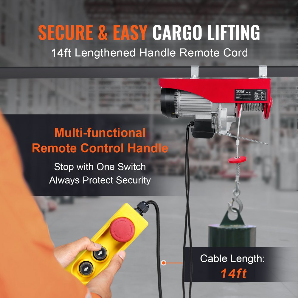 VEVOR Electric Hoist, 2200 lbs Lifting Capacity, 1600W 110V Electric Steel Wire Winch with 14ft Wired Remote Control, 40ft Single Cable Lifting Height & Pure Copper Motor, for Garage Warehouse Factory 