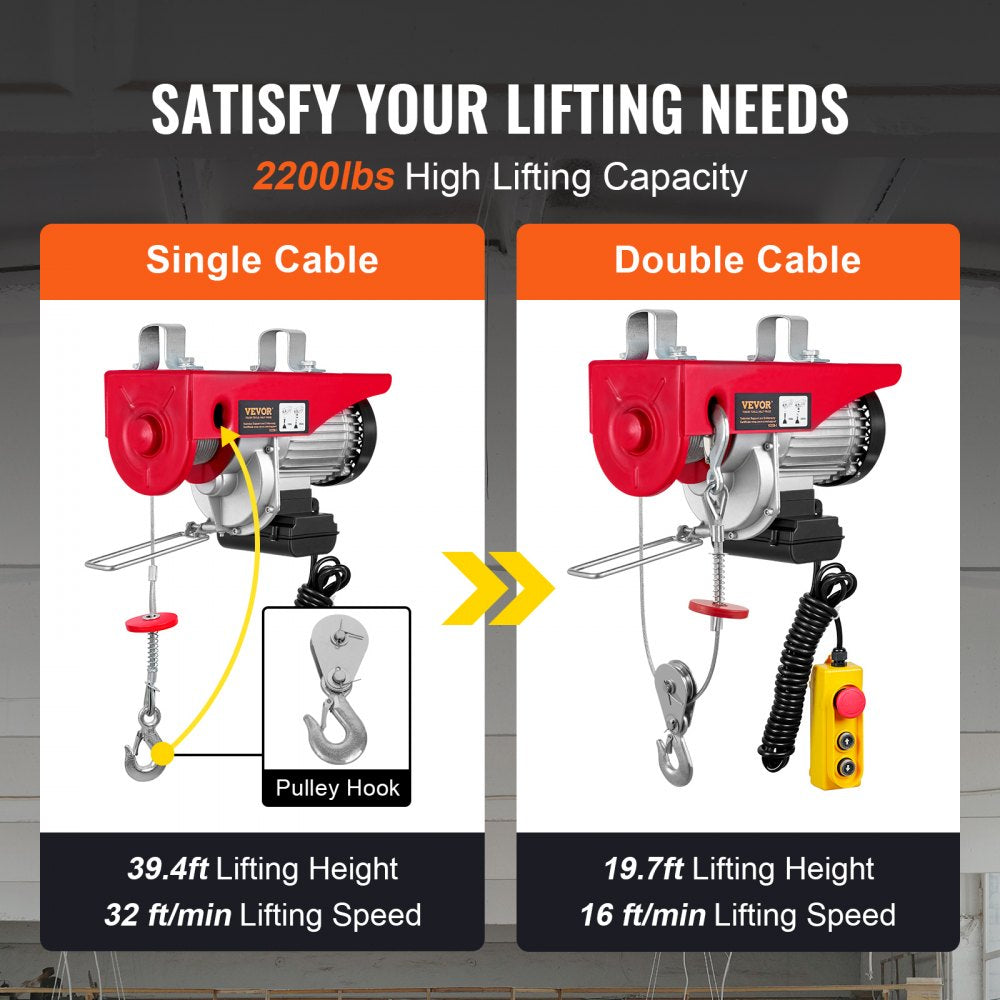 VEVOR Electric Hoist, 2200 lbs Lifting Capacity, 1600W 110V Electric Steel Wire Winch with 14ft Wired Remote Control, 40ft Single Cable Lifting Height & Pure Copper Motor, for Garage Warehouse Factory 
