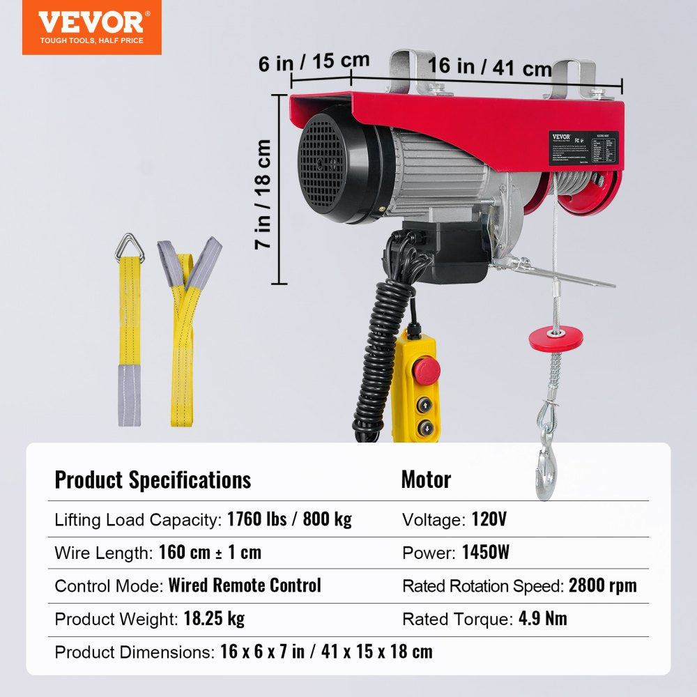 VEVOR Electric Hoist, 1760 lbs Lifting Capacity, 1450W 110V Electric Steel Wire Winch with 14ft Wired Remote Control, 40ft Single Cable Lifting Height & Pure Copper Motor, for Garage Warehouse Factory 