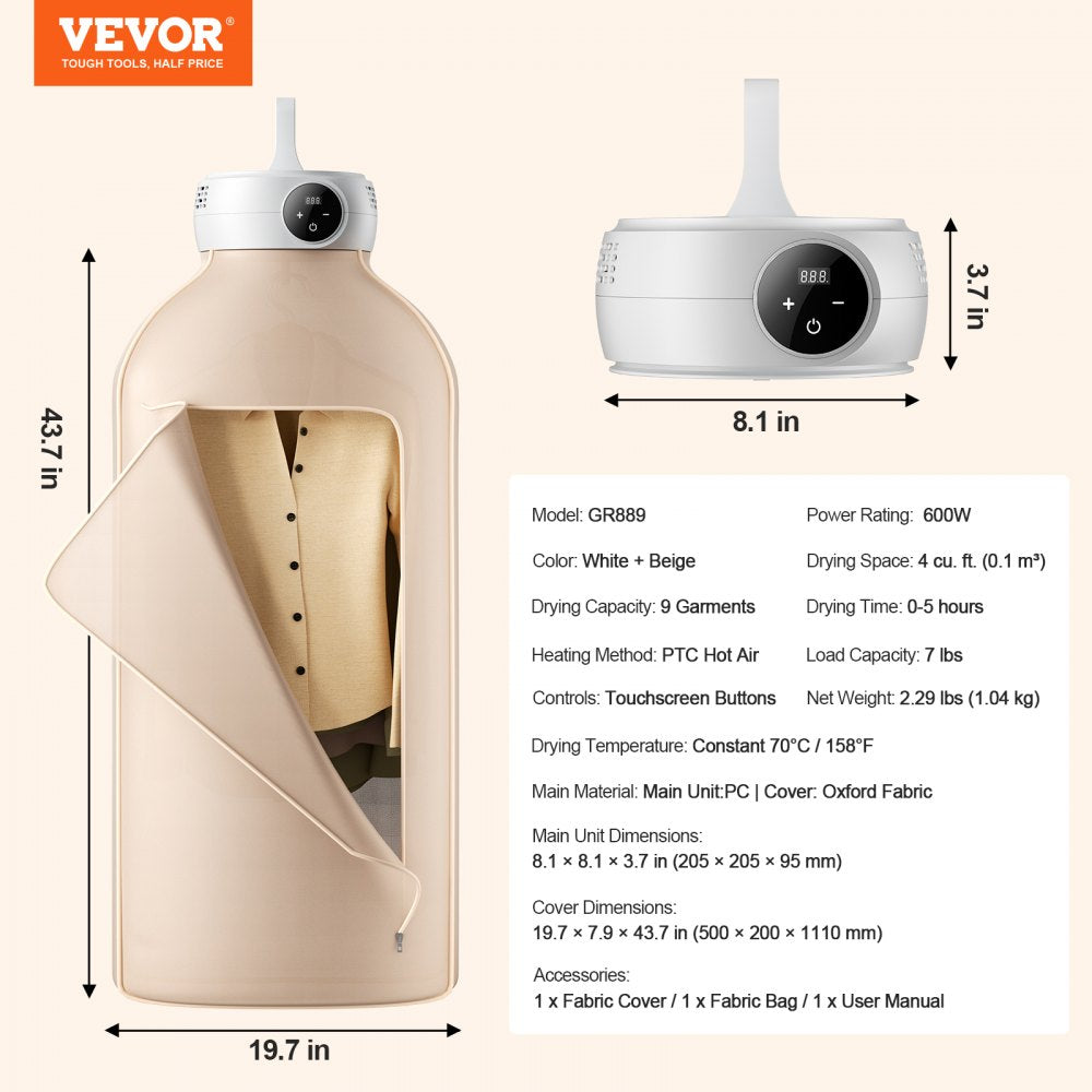 VEVOR Portable Clothes Dryer PTC Heating & LED Display Dryer Bag 5-H Timer 600W 