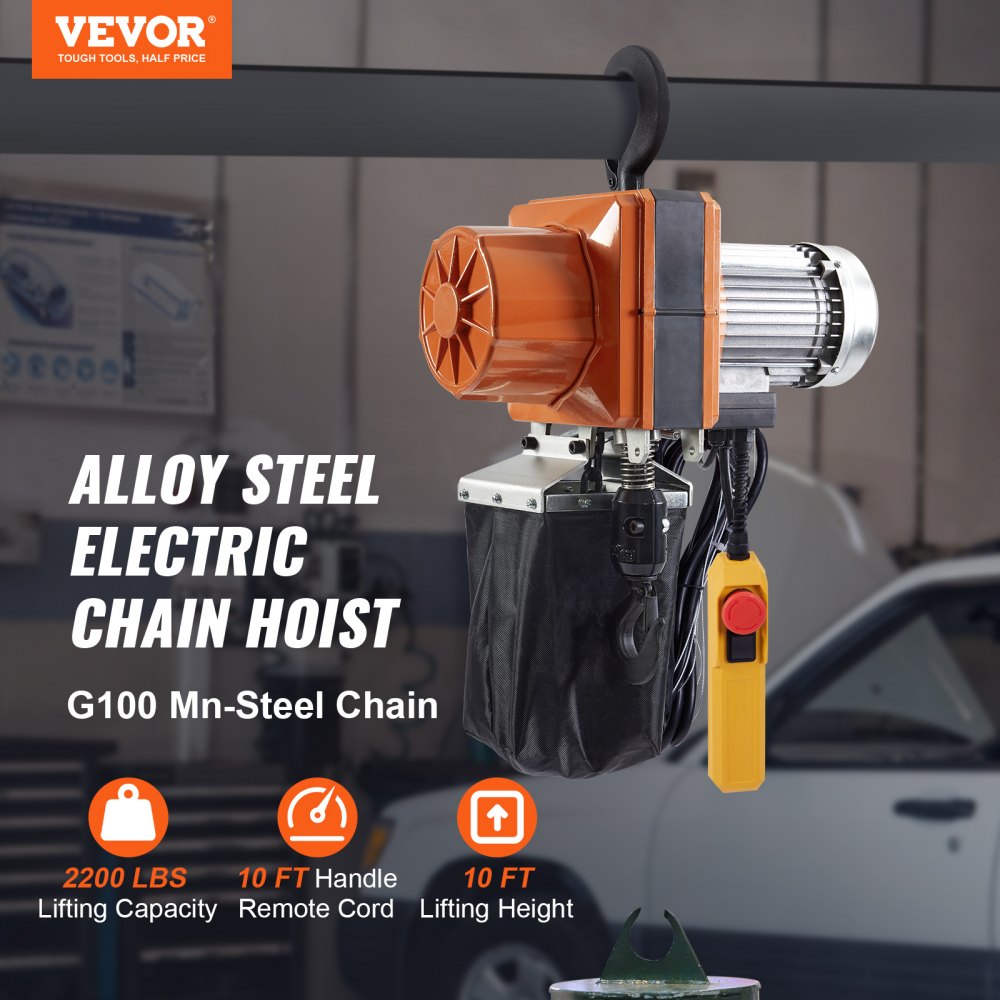 VEVOR Electric Chain Hoist, 2200 lbs/1 ton Capacity, 10 ft Lifting Height, 10 ft/min Speed, 120V, Single Phase Overhead Crane with G100 Chain, 10 ft Wired Remote Control for Garage, Shop, Hotel, Home 