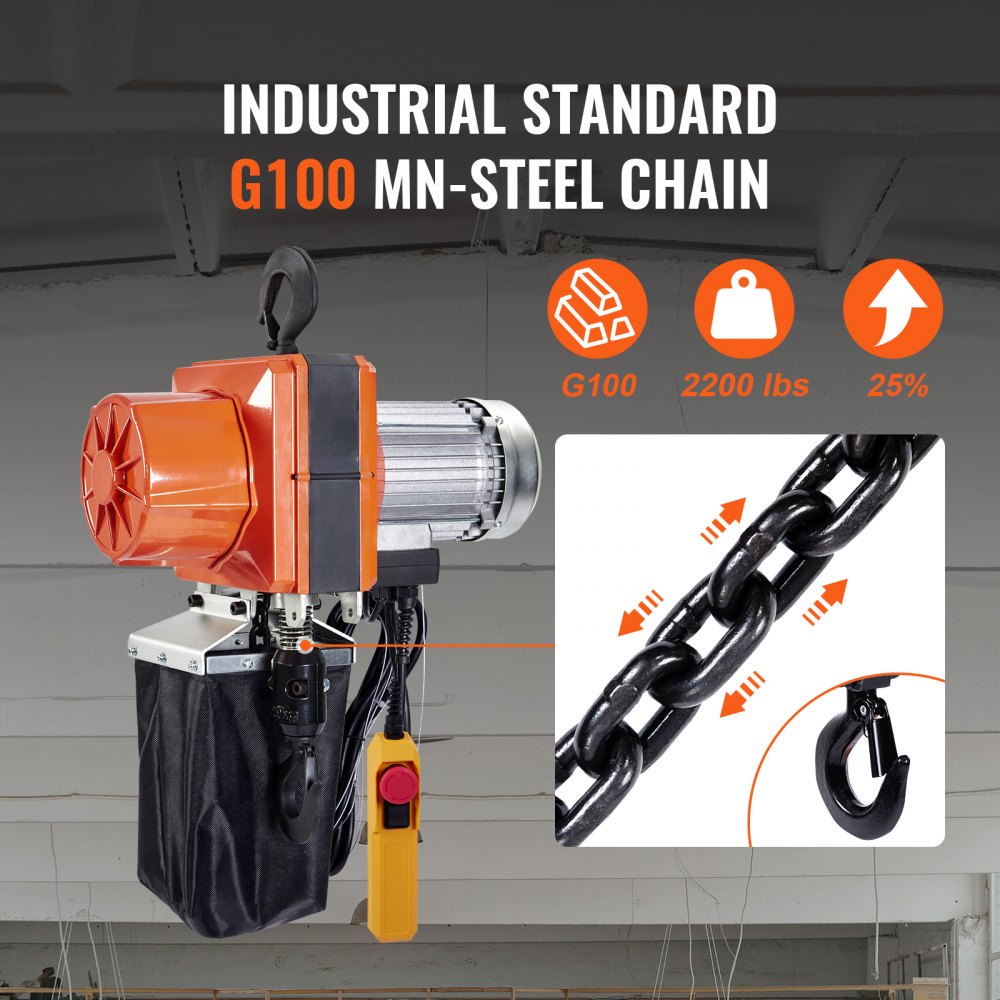 VEVOR Electric Chain Hoist, 2200 lbs/1 ton Capacity, 10 ft Lifting Height, 10 ft/min Speed, 120V, Single Phase Overhead Crane with G100 Chain, 10 ft Wired Remote Control for Garage, Shop, Hotel, Home 