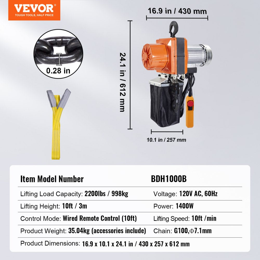 VEVOR Electric Chain Hoist, 2200 lbs/1 ton Capacity, 10 ft Lifting Height, 10 ft/min Speed, 120V, Single Phase Overhead Crane with G100 Chain, 10 ft Wired Remote Control for Garage, Shop, Hotel, Home 