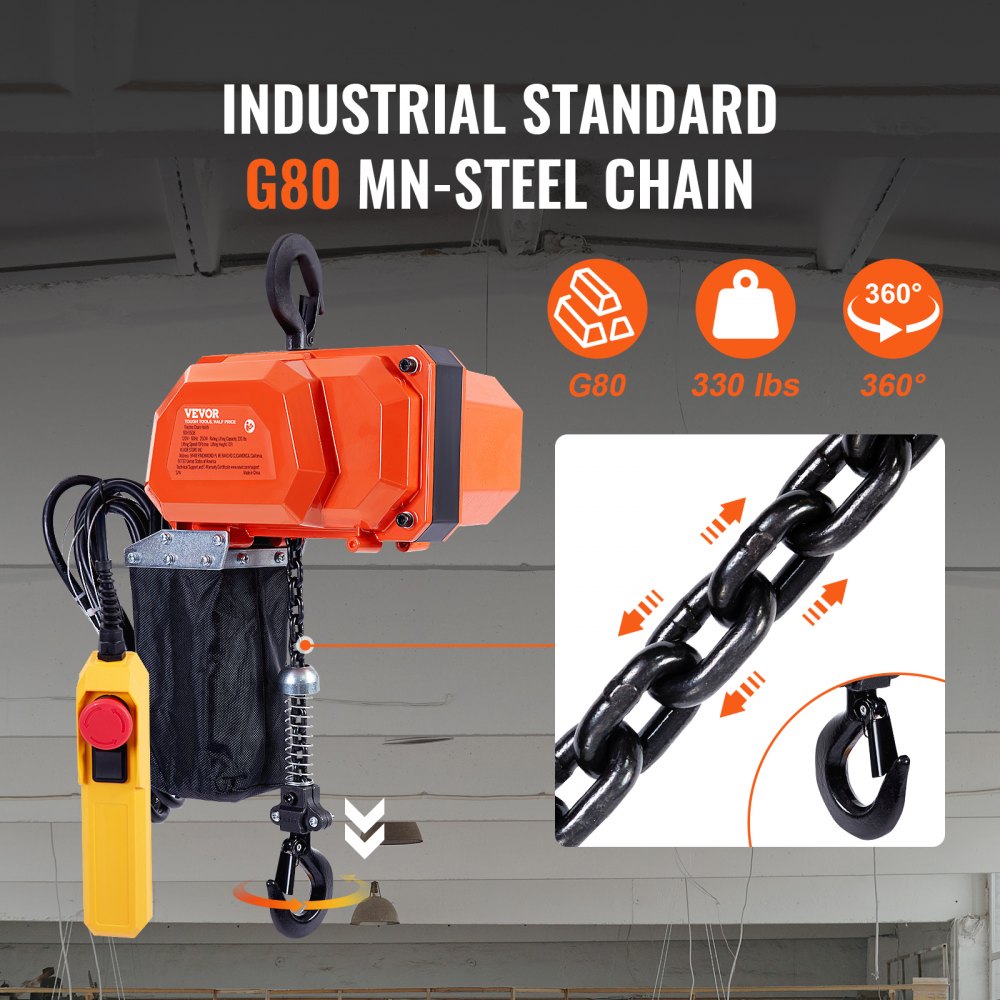 VEVOR Electric Chain Hoist, 330 lbs Load Capacity, 10 ft Lifting Height, 10 ft/min Speed, 120V, Single Phase Overhead Crane with G80 Chain, 10 ft Wired Remote Control for Garage, Shop, Hotel, and Home 