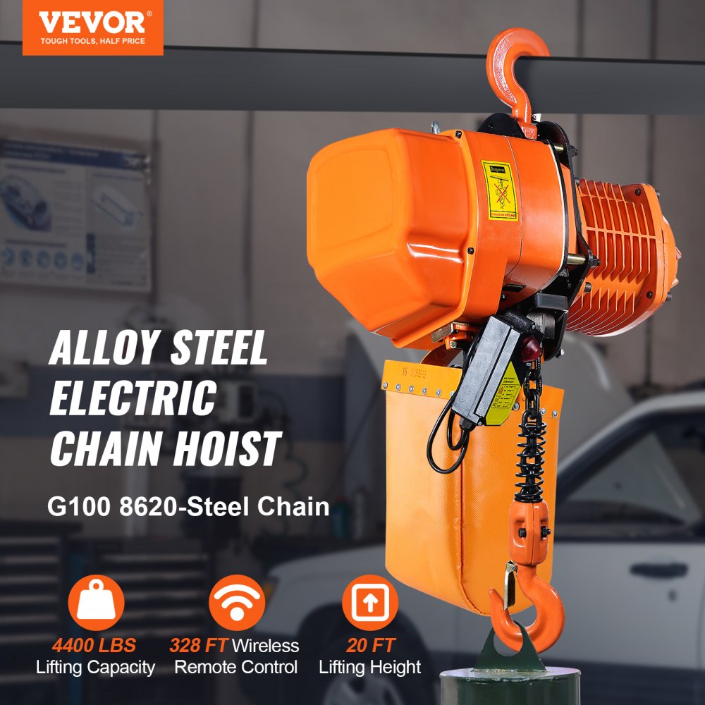 VEVOR Electric Chain Hoist, 4400 lbs/2 ton Capacity, 20 ft Lifting Height, 26 ft/min Speed, 220V, Three Phase Overhead Crane with G100 Chain, Wireless Remote Control for Garage, Shop, Hotel, and Home 