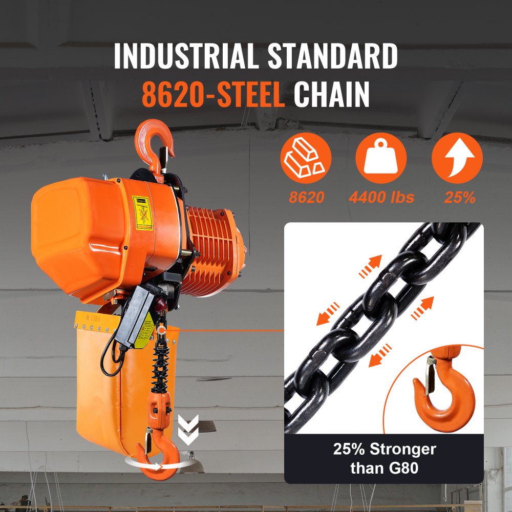 VEVOR Electric Chain Hoist, 4400 lbs/2 ton Capacity, 20 ft Lifting Height, 26 ft/min Speed, 220V, Three Phase Overhead Crane with G100 Chain, Wireless Remote Control for Garage, Shop, Hotel, and Home 