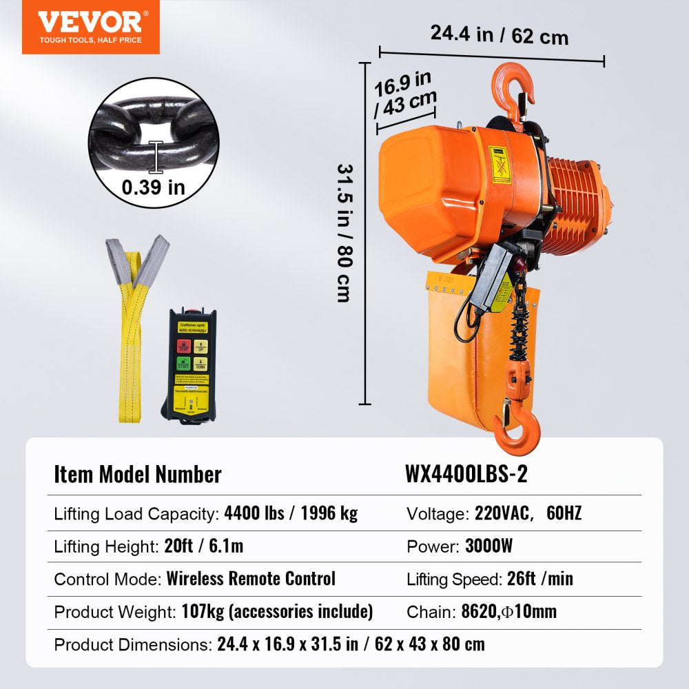 VEVOR Electric Chain Hoist, 4400 lbs/2 ton Capacity, 20 ft Lifting Height, 26 ft/min Speed, 220V, Three Phase Overhead Crane with G100 Chain, Wireless Remote Control for Garage, Shop, Hotel, and Home 