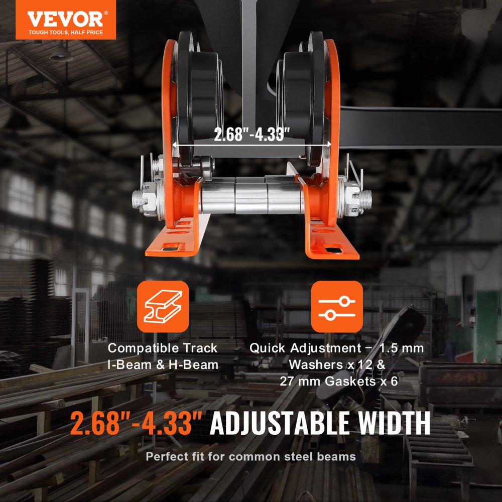 VEVOR Electric Hoist Manual Trolley, 2200 lbs/1 Ton Capacity for PA200 PA250 PA300 PA400 PA500, Push Beam Trolley with Dual Wheels, 2.68"-4.33" Adjustable Beam Flange Width for Straight Curved I Beam 