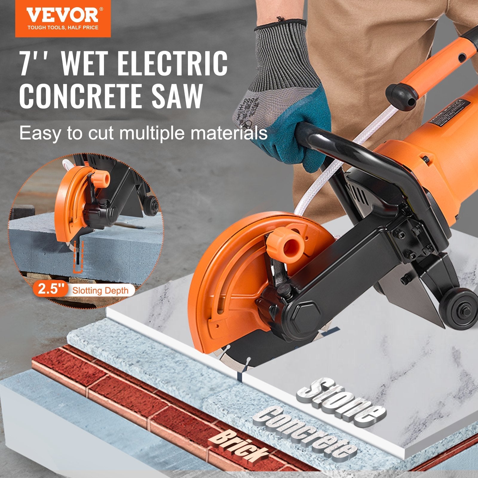 VEVOR Electric Concrete Saw, 7 in Circular Saw Cutter, 2000 W High Power with Max. 2.5 in Cutting Depth, Wet/Dry Disk Saw Cutter Includes Water Line, Pump and Blade, for Stone, Brick 