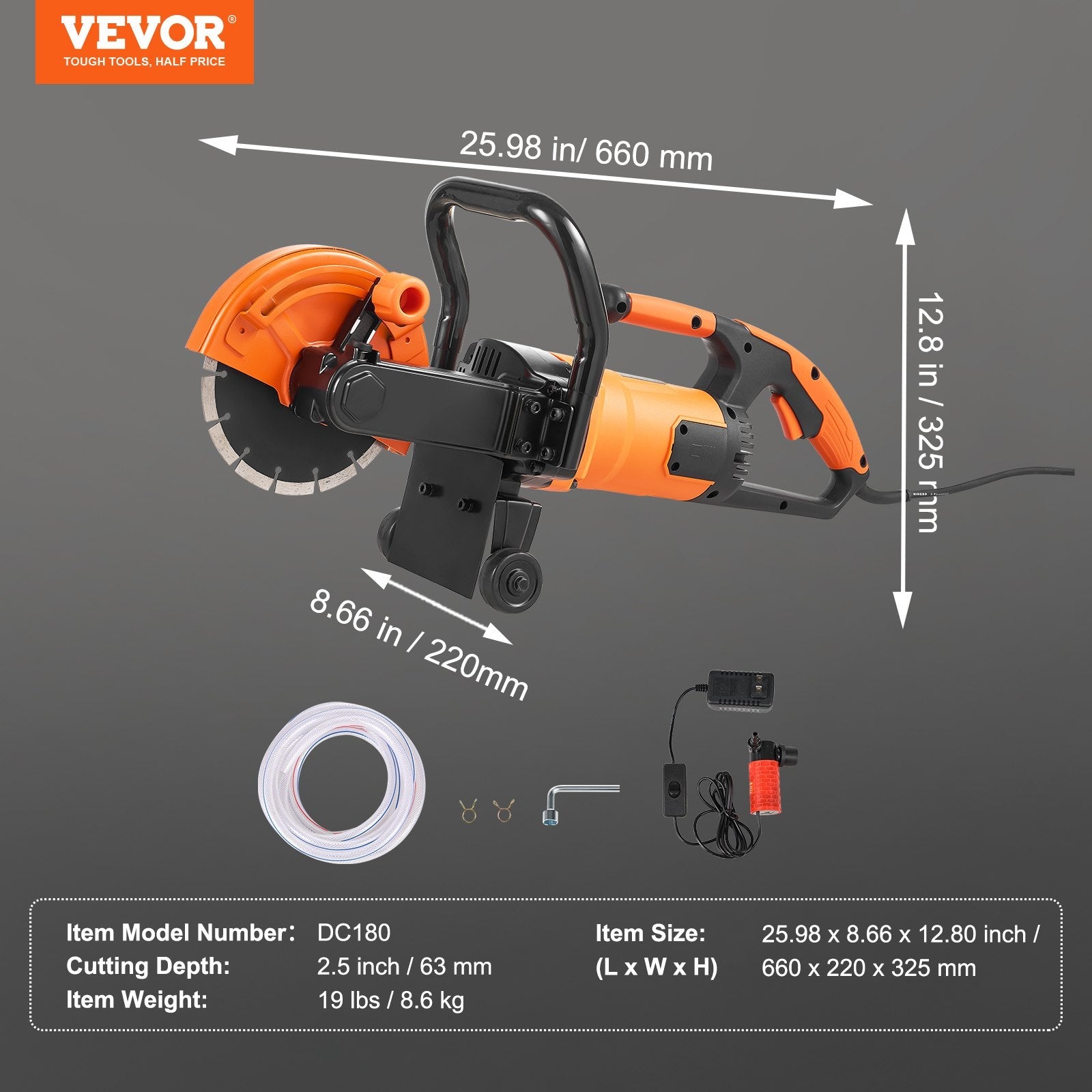 VEVOR Electric Concrete Saw, 7 in Circular Saw Cutter, 2000 W High Power with Max. 2.5 in Cutting Depth, Wet/Dry Disk Saw Cutter Includes Water Line, Pump and Blade, for Stone, Brick 