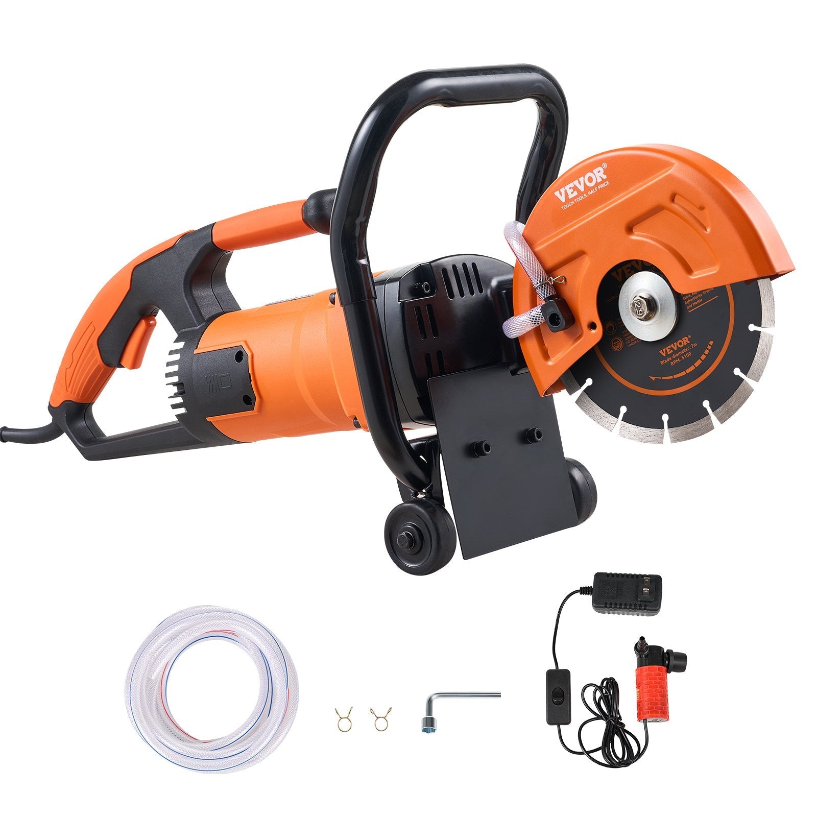 VEVOR Electric Concrete Saw, 7 in Circular Saw Cutter, 2000 W High Power with Max. 2.5 in Cutting Depth, Wet/Dry Disk Saw Cutter Includes Water Line, Pump and Blade, for Stone, Brick 