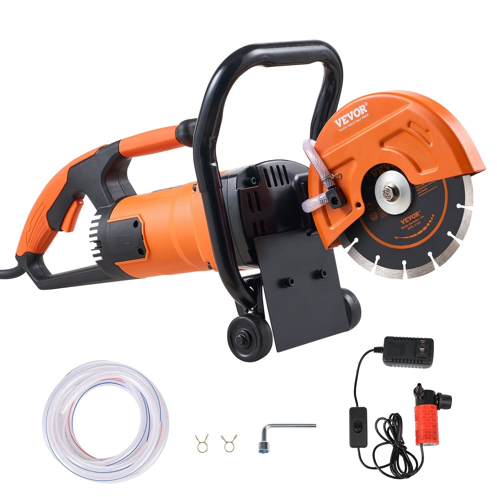 VEVOR Electric Concrete Saw, 7 in Circular Saw Cutter, 2000 W High Power with Max. 2.5 in Cutting Depth, Wet/Dry Disk Saw Cutter Includes Water Line, Pump and Blade, for Stone, Brick 