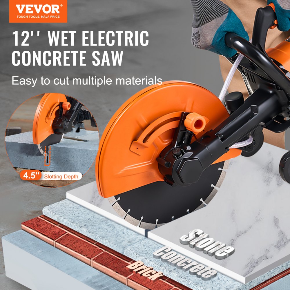 VEVOR Electric Concrete Saw, 12 in, 1800 W 15 A Motor Circular Saw Cutter with Max. 4.5 in Adjustable Cutting Depth, Wet Disk Saw Cutter Includes Water Line, Pump and Blade, for Stone, Brick 
