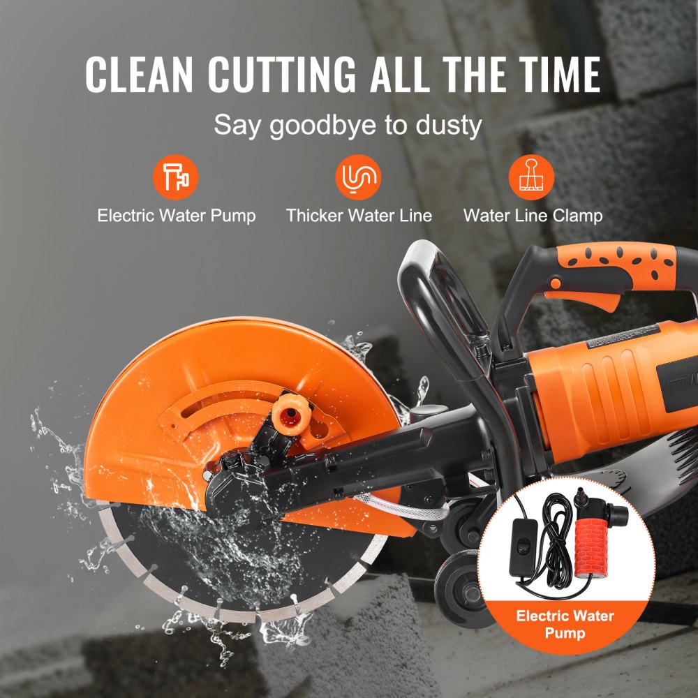 VEVOR Electric Concrete Saw, 12 in, 1800 W 15 A Motor Circular Saw Cutter with Max. 4.5 in Adjustable Cutting Depth, Wet Disk Saw Cutter Includes Water Line, Pump and Blade, for Stone, Brick 