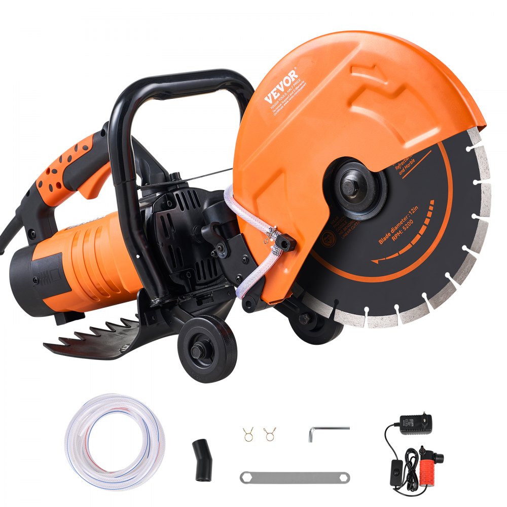 VEVOR Electric Concrete Saw, 12 in, 1800 W 15 A Motor Circular Saw Cutter with Max. 4.5 in Adjustable Cutting Depth, Wet Disk Saw Cutter Includes Water Line, Pump and Blade, for Stone, Brick 