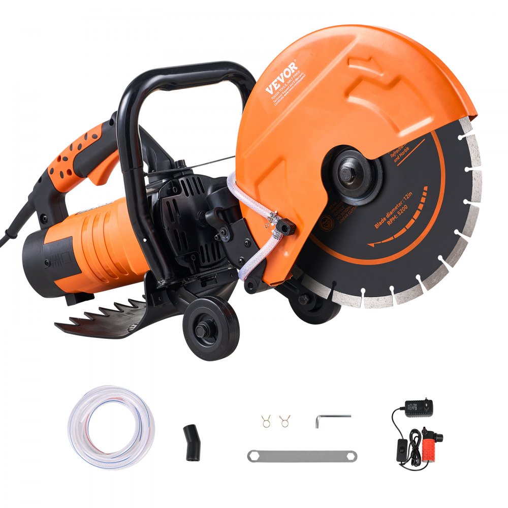VEVOR Electric Concrete Saw, 12 in, 1800 W 15 A Motor Circular Saw Cutter with Max. 4.5 in Adjustable Cutting Depth, Wet Disk Saw Cutter Includes Water Line, Pump and Blade, for Stone, Brick 