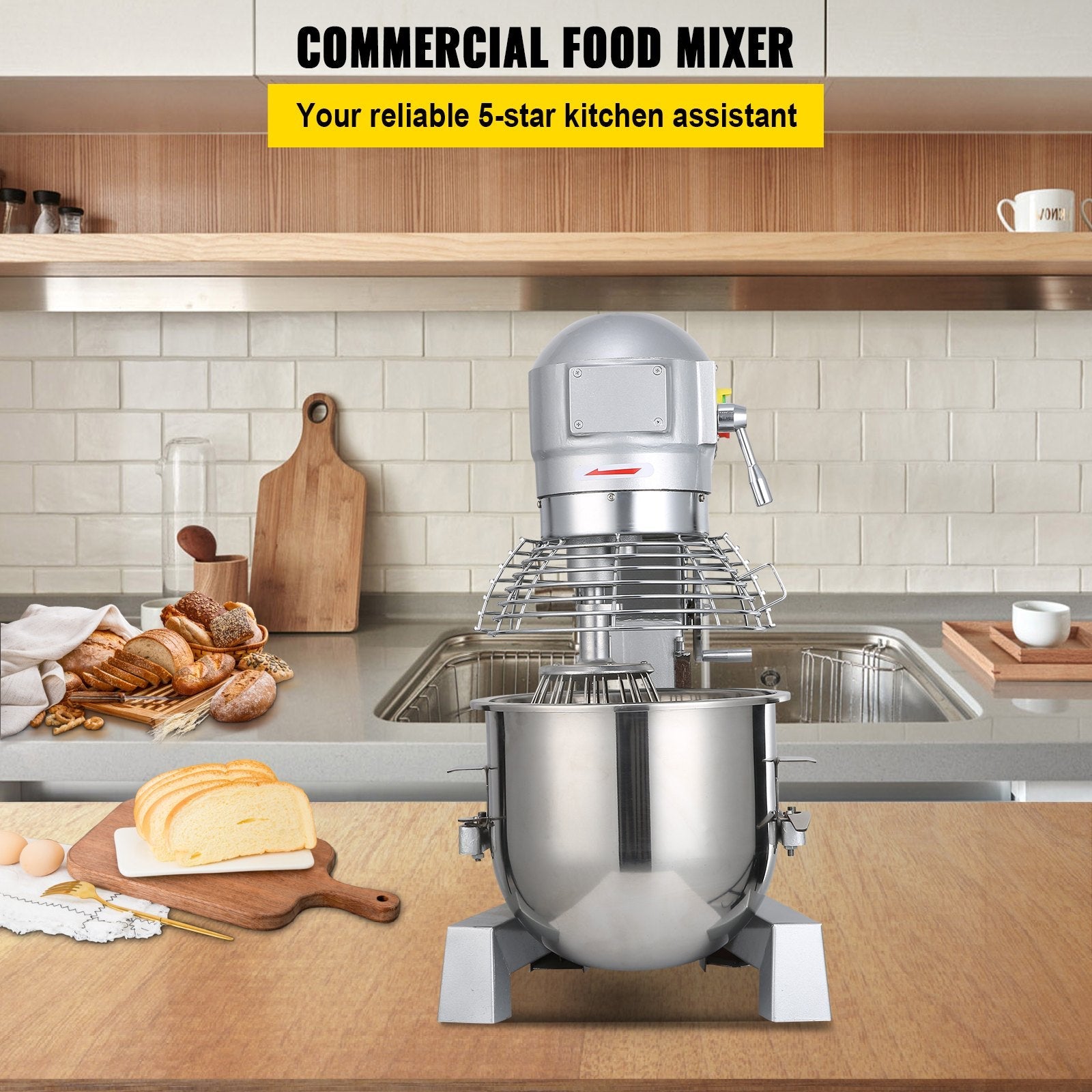 VEVOR Commercial Food Mixer 15Qt 600W 3 Speeds Adjustable 110/178/390 RPM Heavy Duty 110V with Stainless Steel Bowl Dough Hooks Whisk Beater Premium for Schools Bakeries Restaurants Pizzerias 