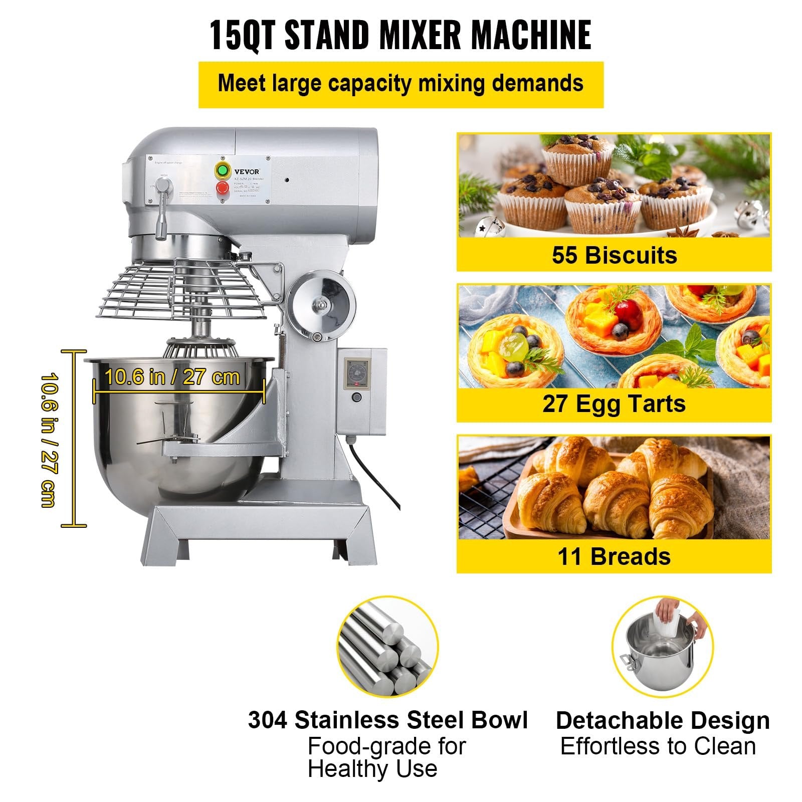VEVOR Commercial Food Mixer 15Qt 600W 3 Speeds Adjustable 110/178/390 RPM Heavy Duty 110V with Stainless Steel Bowl Dough Hooks Whisk Beater Premium for Schools Bakeries Restaurants Pizzerias 