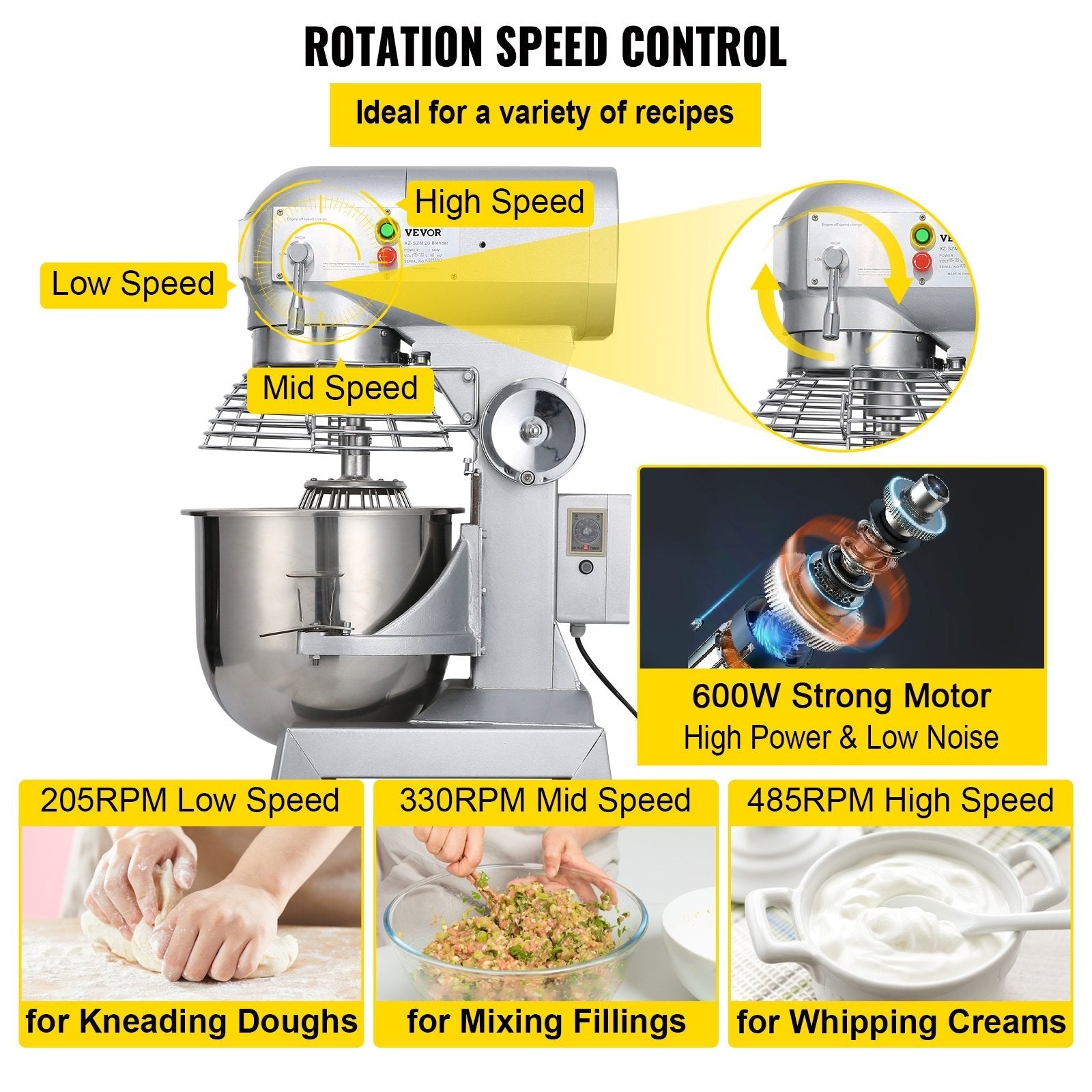 VEVOR Commercial Food Mixer 15Qt 600W 3 Speeds Adjustable 110/178/390 RPM Heavy Duty 110V with Stainless Steel Bowl Dough Hooks Whisk Beater Premium for Schools Bakeries Restaurants Pizzerias 